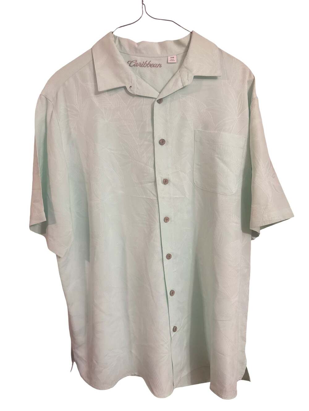 Caribbean Men's Mint Green Jacquard Leaf Pattern Short Sleeve Camp Shirt